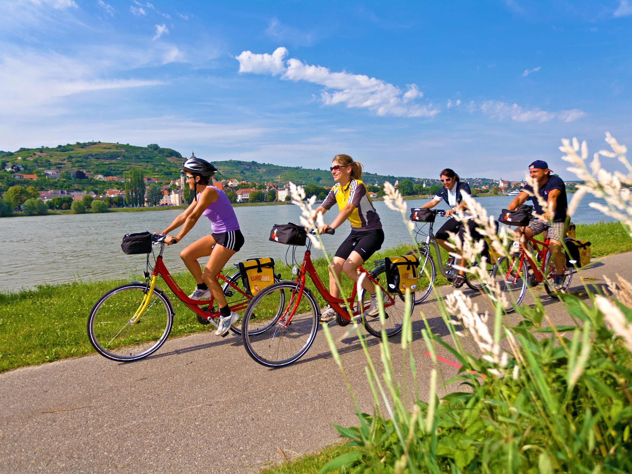 Group of bikers cycling along Danube