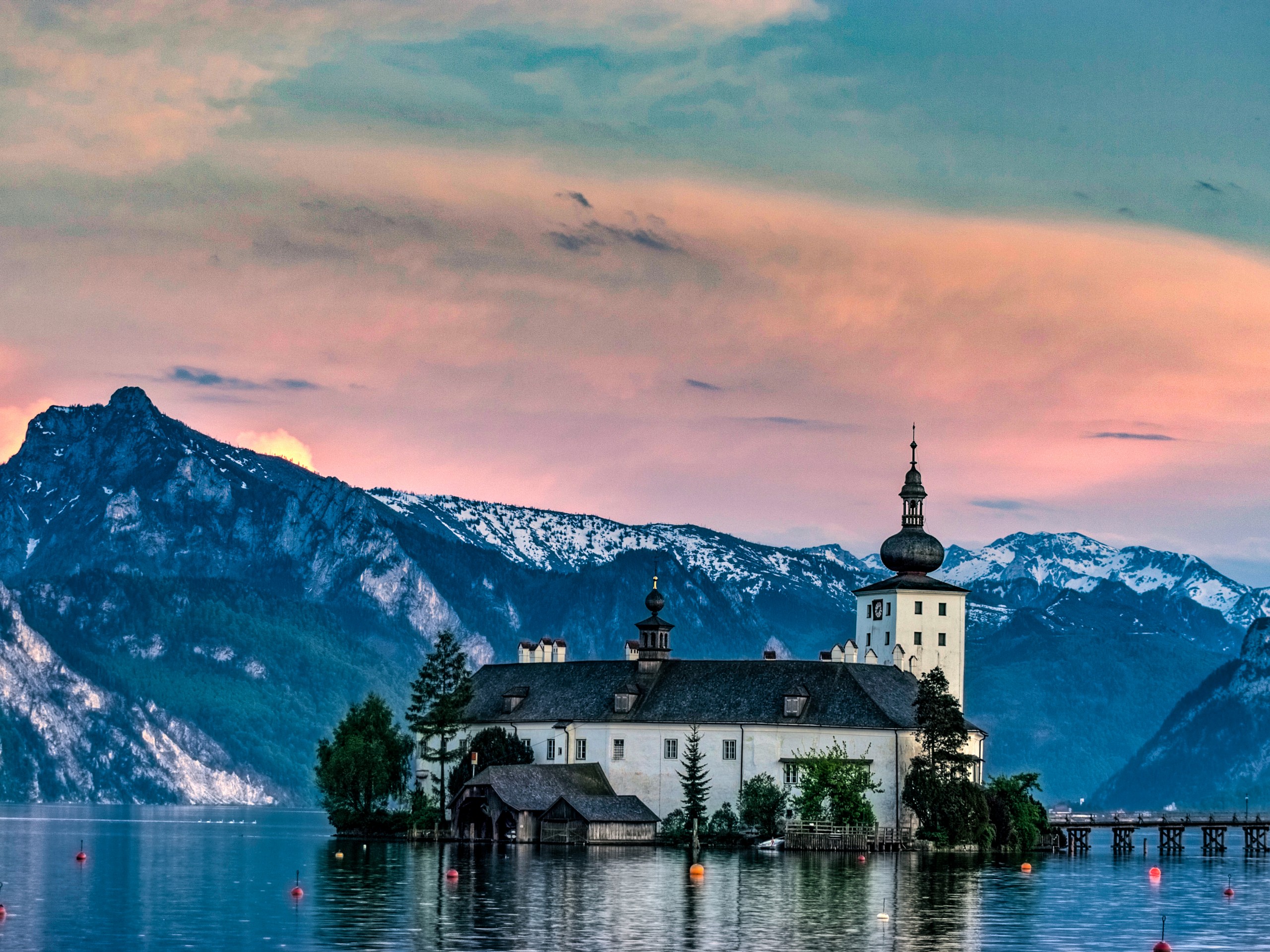 Beautiful church at Trausee lake in Salzkammergut, Austria