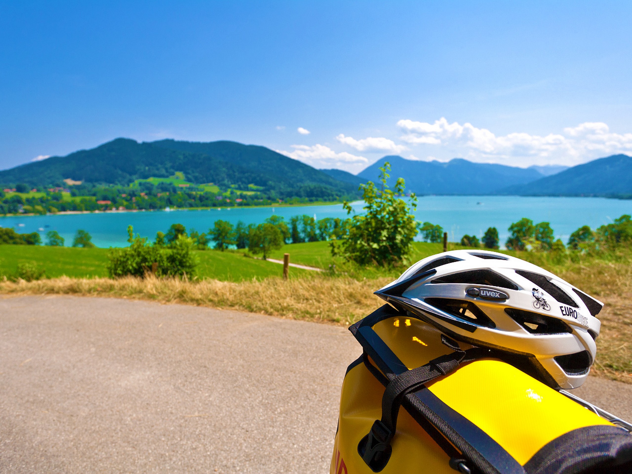 Looking at Tegern Lake in the distance while cycling in Bavaria
