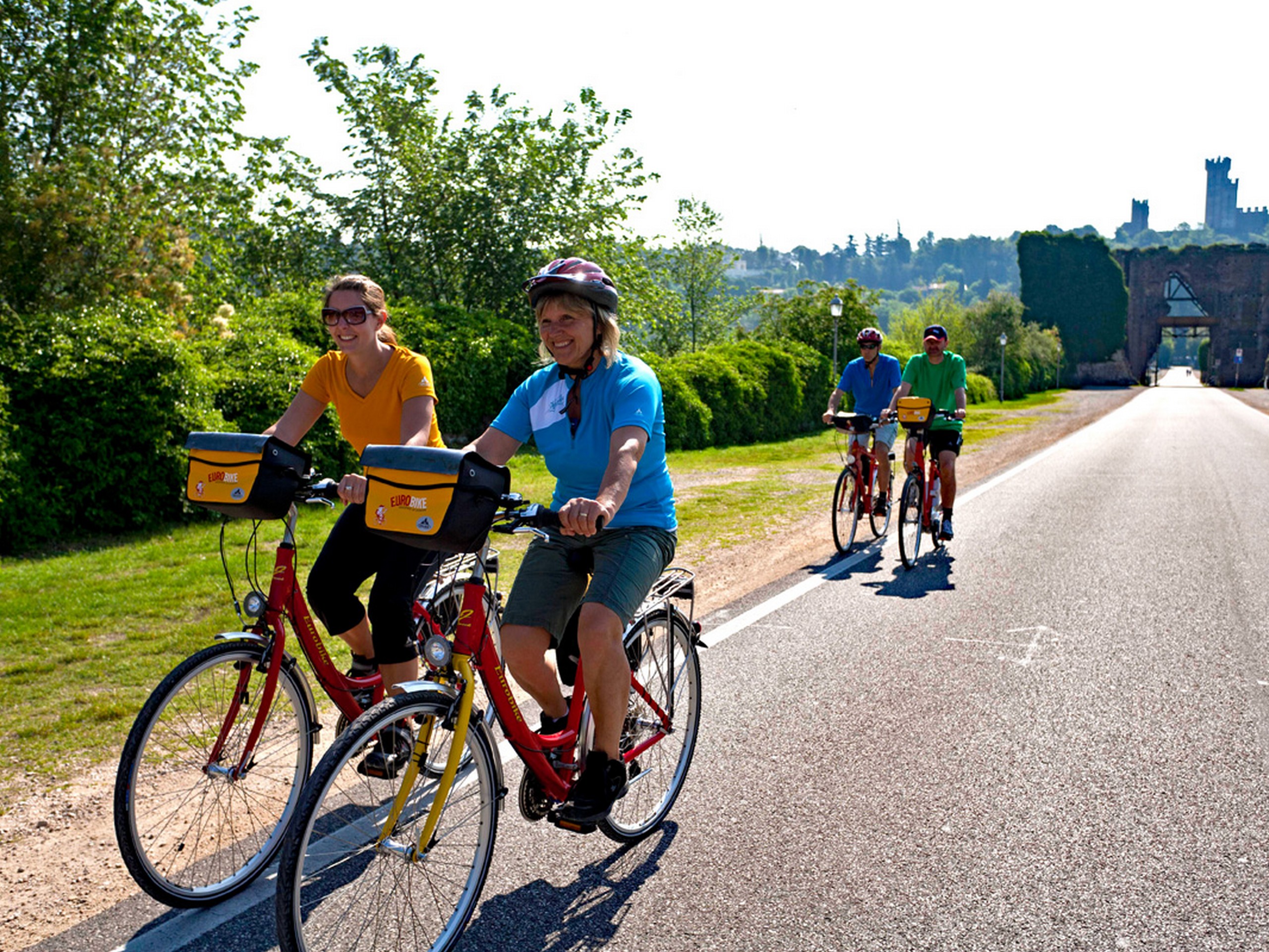 Group of cyclists biking on a path in South Tyrol, Italy