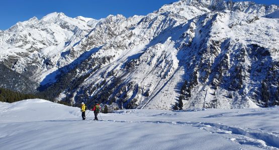 Snowshoers walking in the Mont Blanc region in France