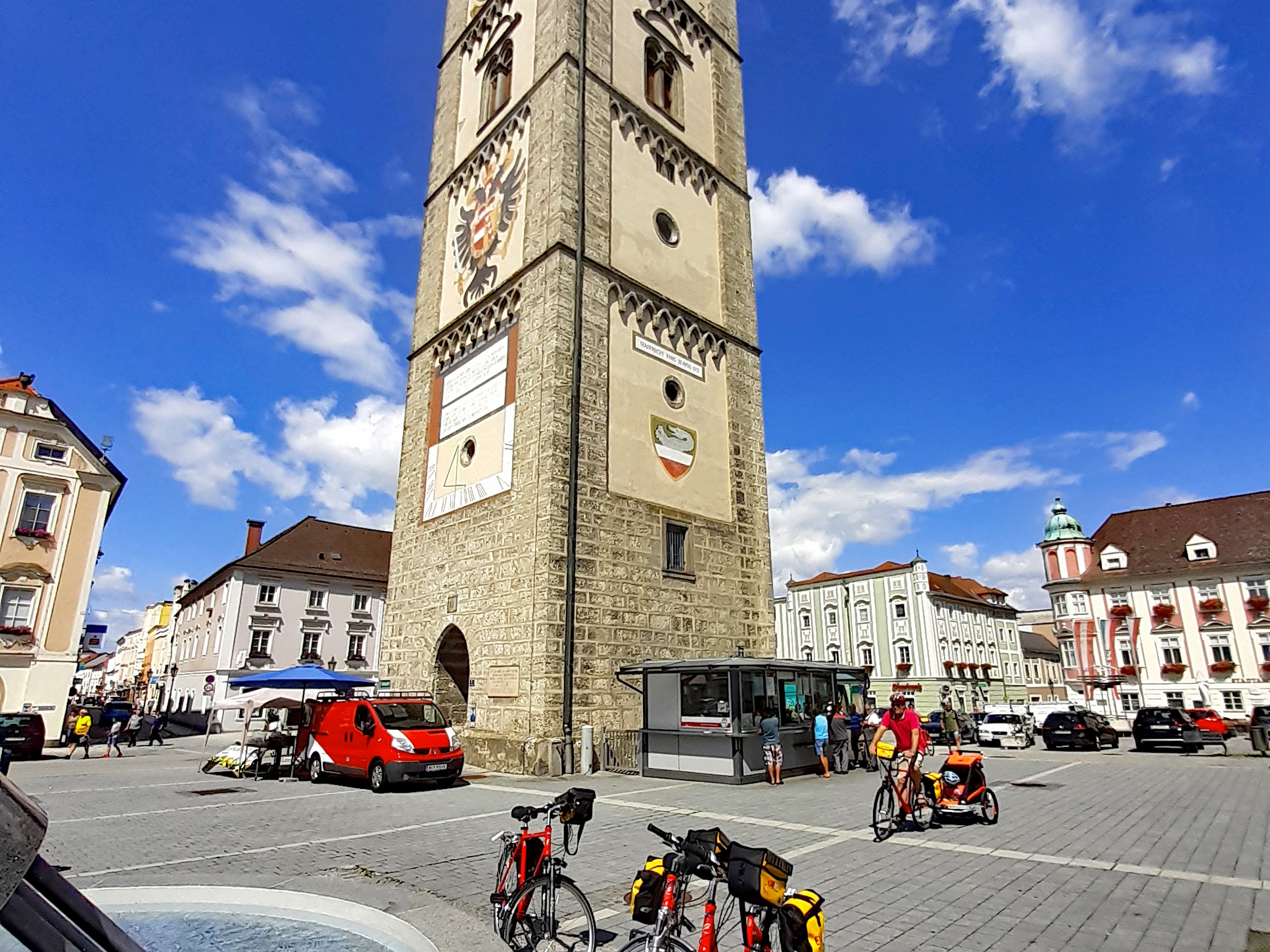 Beautiful small plaza in one of the Austrian towns visited while cycling in Austria
