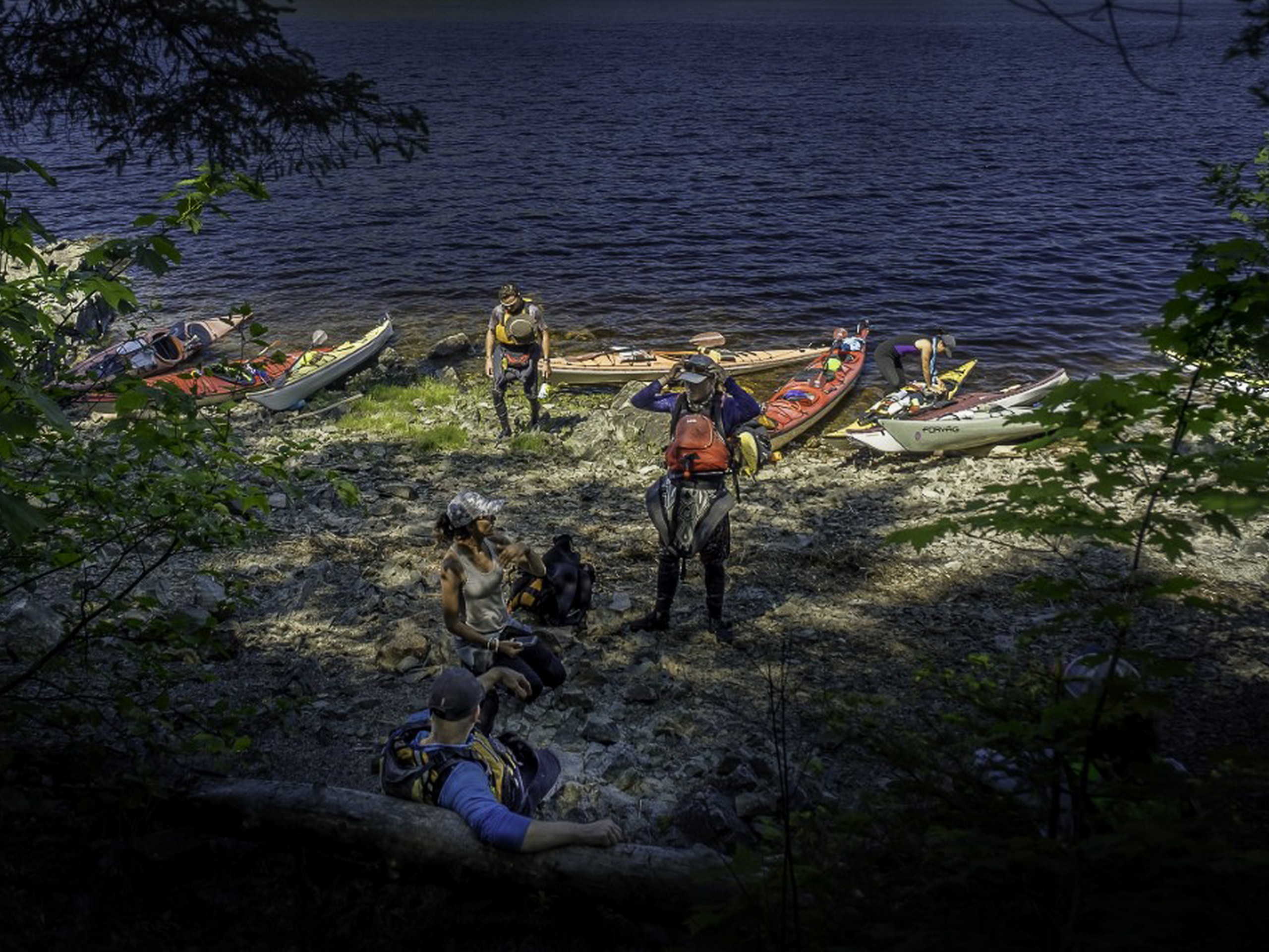 Group of kayakers embarked on the shore