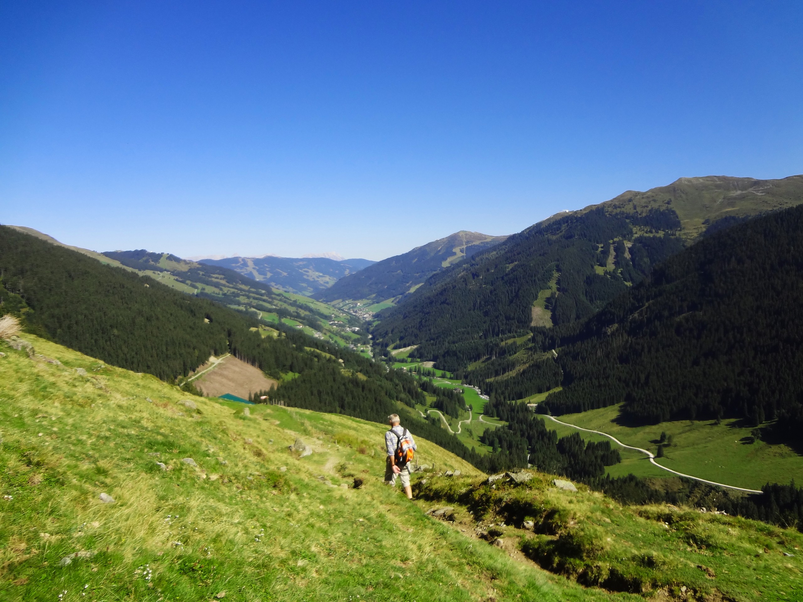 Hiker walking the green meadows in Austria