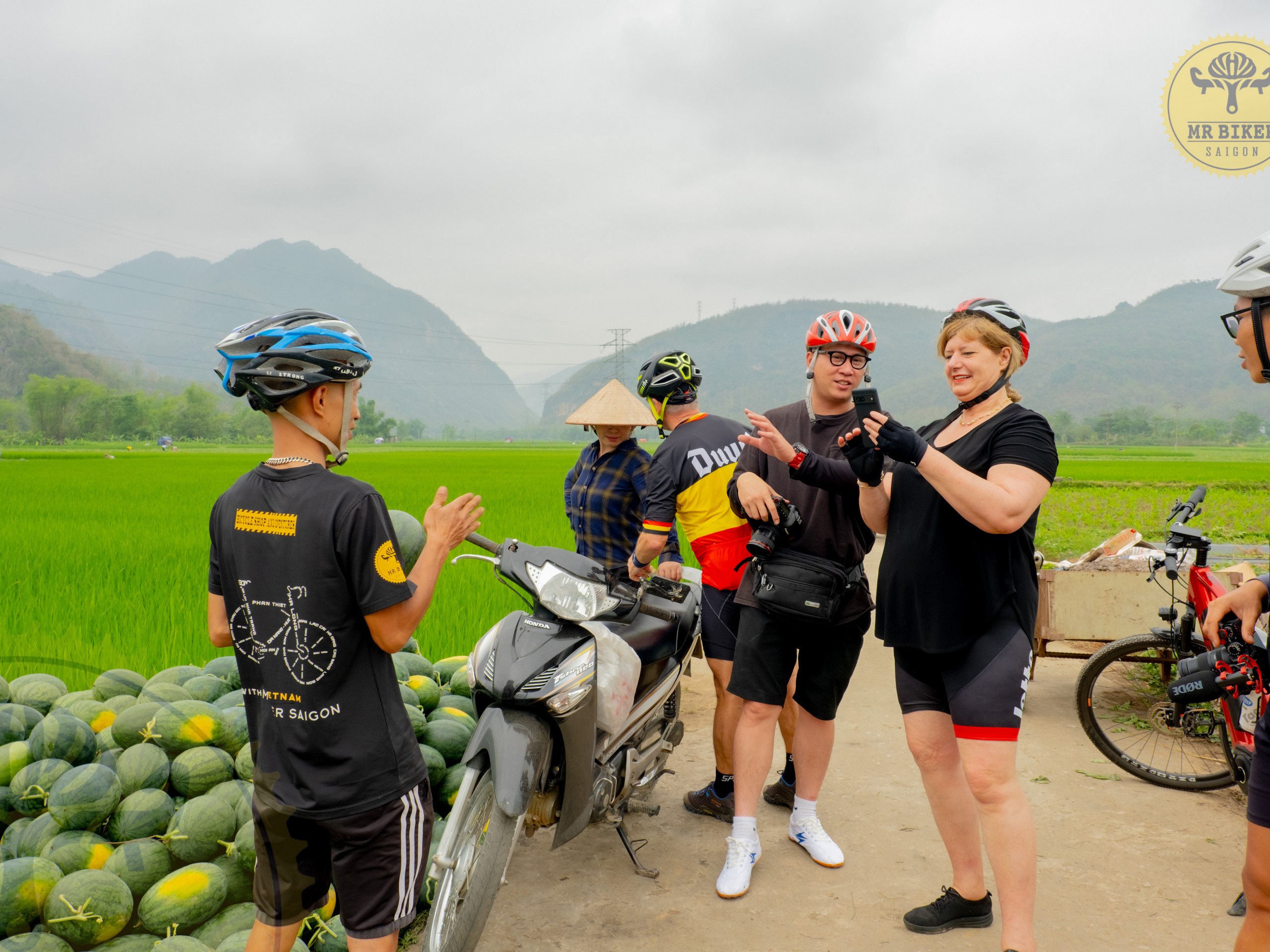 Cyclists during the break while on Mai Chau and Pu Luong biking tour in Vietnam