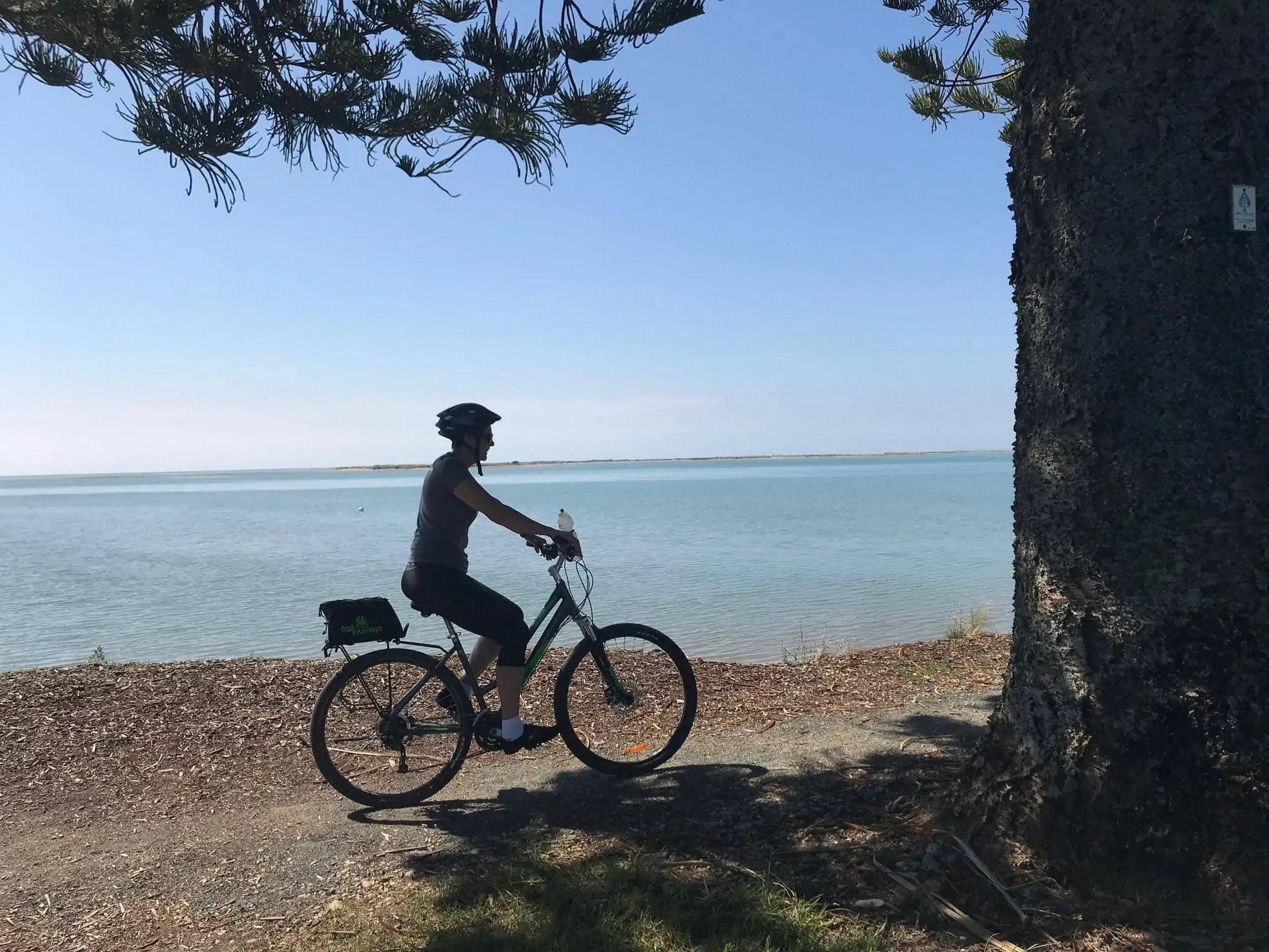 Cyclist riding along the shores of the New Zealand